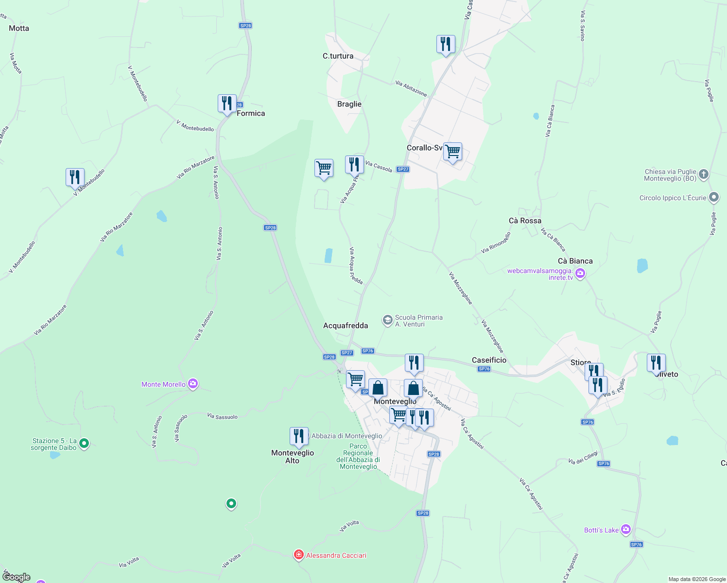 map of restaurants, bars, coffee shops, grocery stores, and more near 1 Via Acqua Fredda in Monteveglio