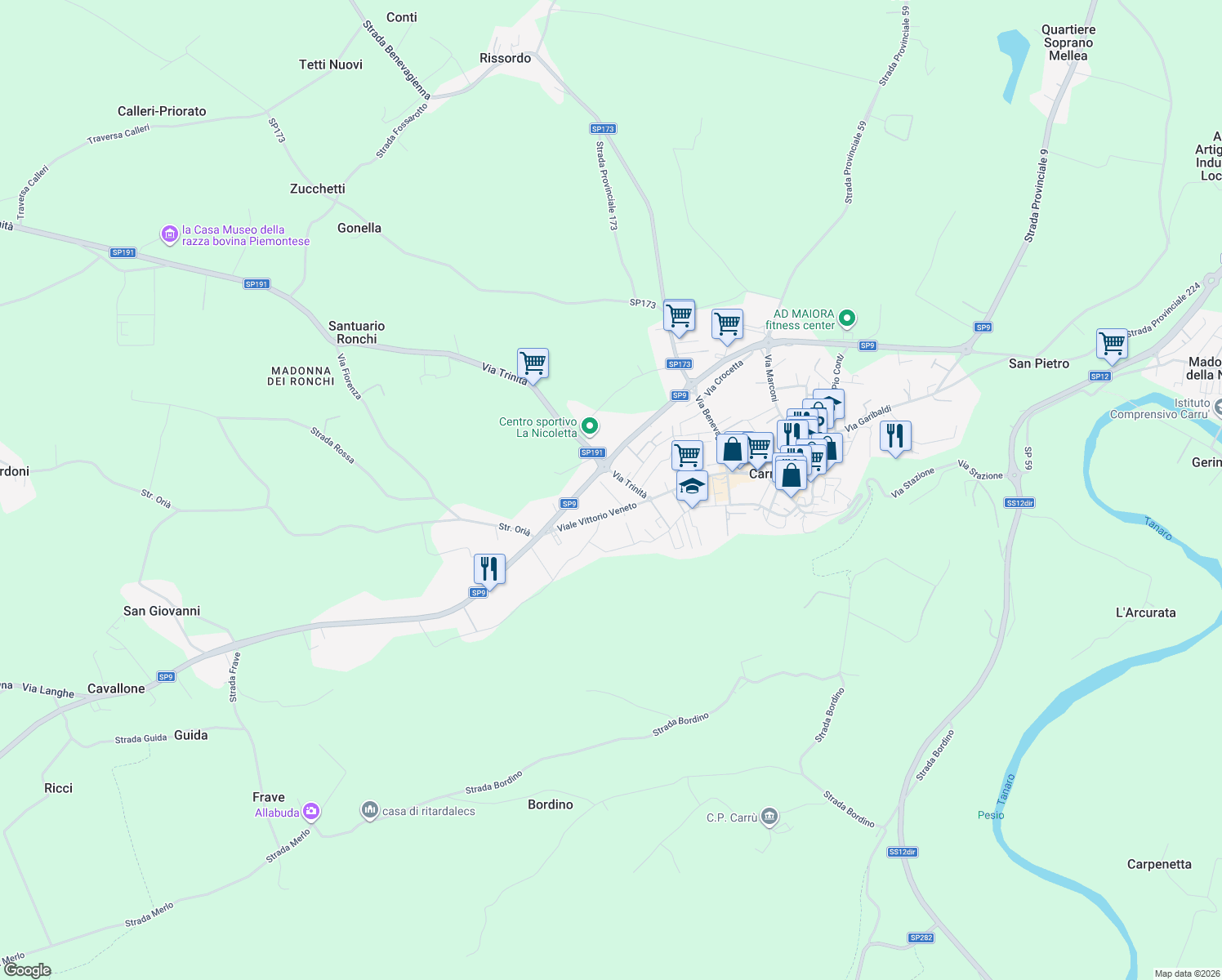 map of restaurants, bars, coffee shops, grocery stores, and more near 10 Via Trinità in Provincia di Cuneo