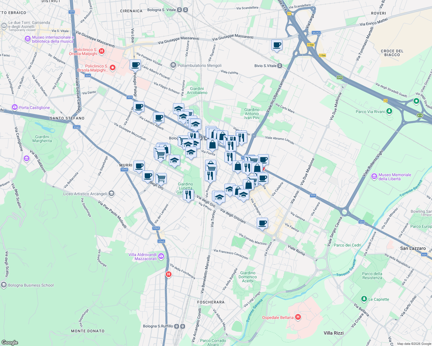 map of restaurants, bars, coffee shops, grocery stores, and more near 2-6 Via del Perugino in Bologna