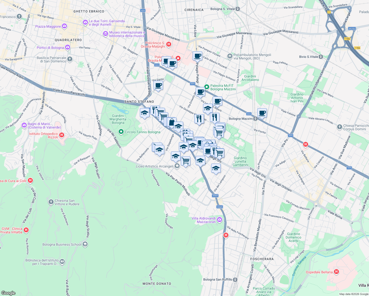 map of restaurants, bars, coffee shops, grocery stores, and more near 103 Via Augusto Murri in Bologna