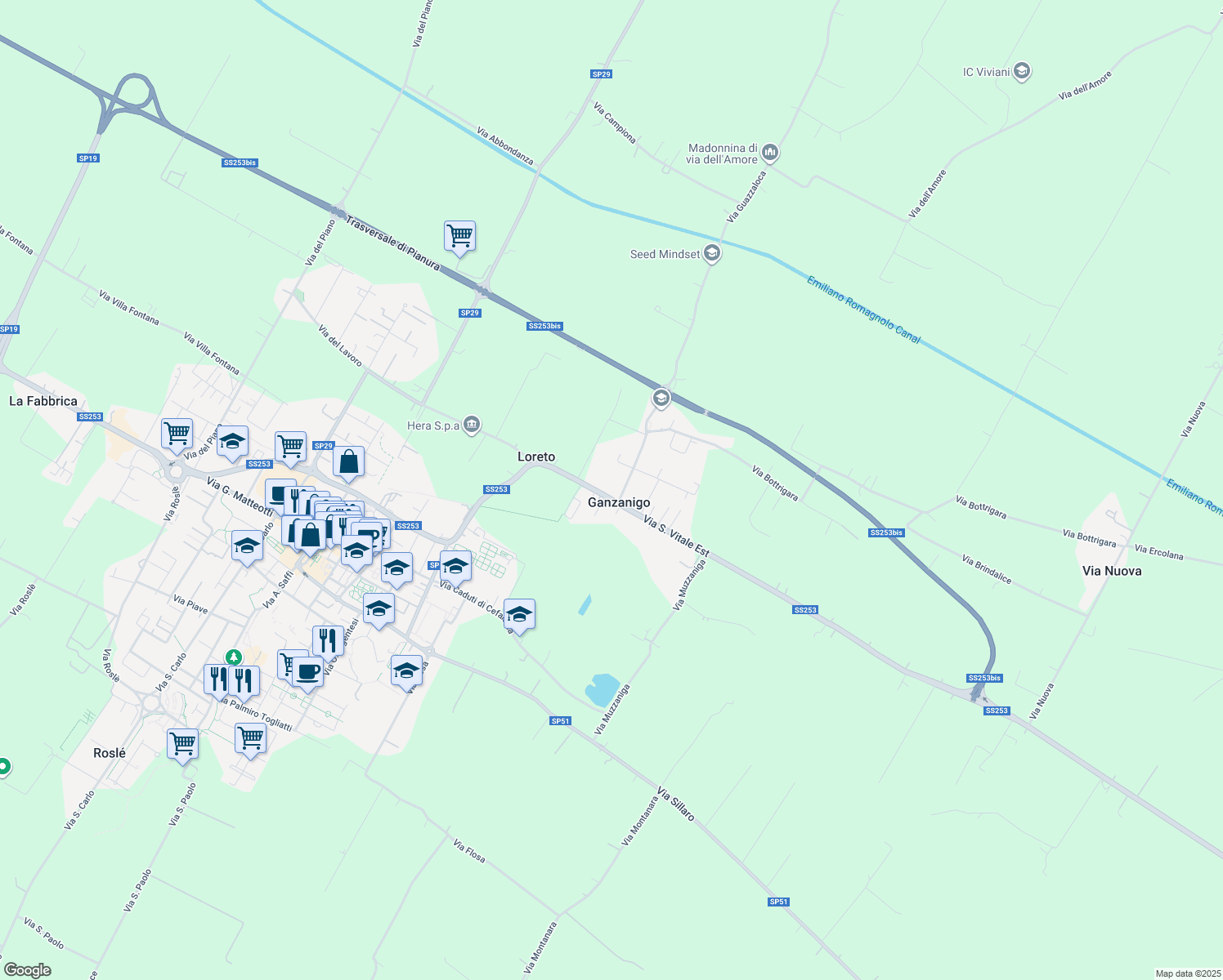 map of restaurants, bars, coffee shops, grocery stores, and more near 638A Via San Vitale Est in Ganzanigo