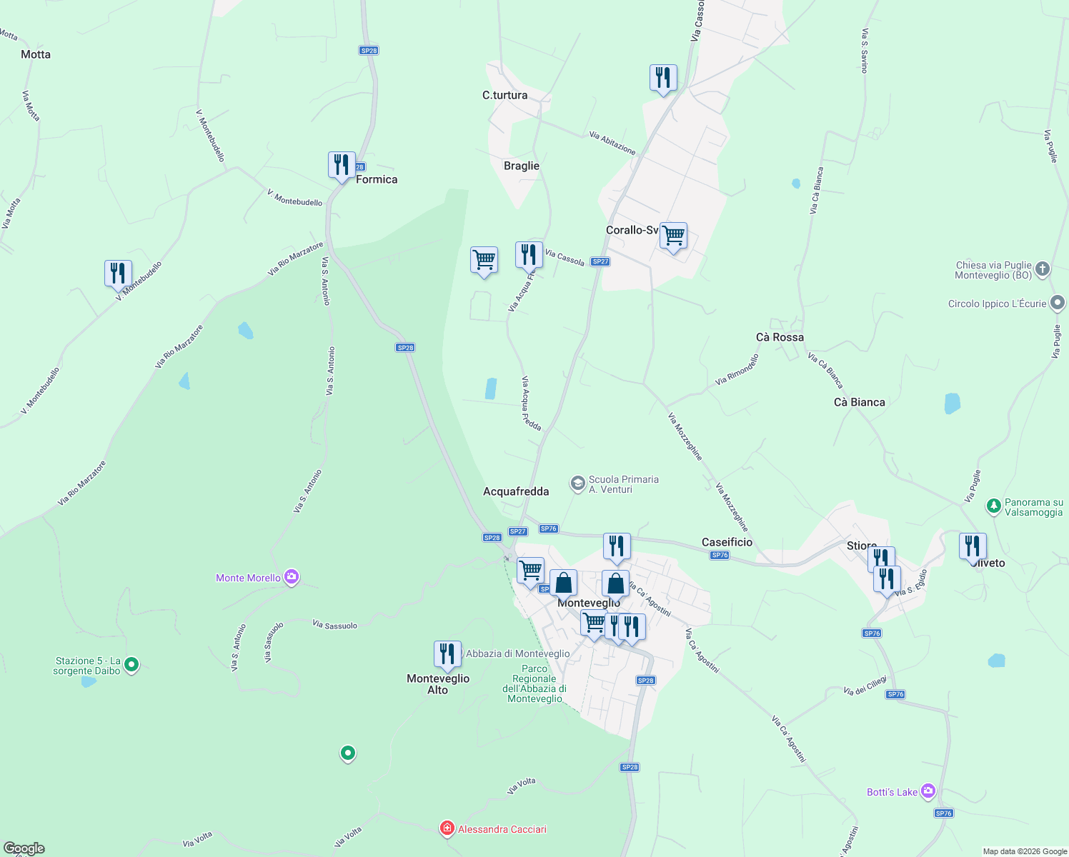 map of restaurants, bars, coffee shops, grocery stores, and more near 1 Via Acqua Fredda in Monteveglio