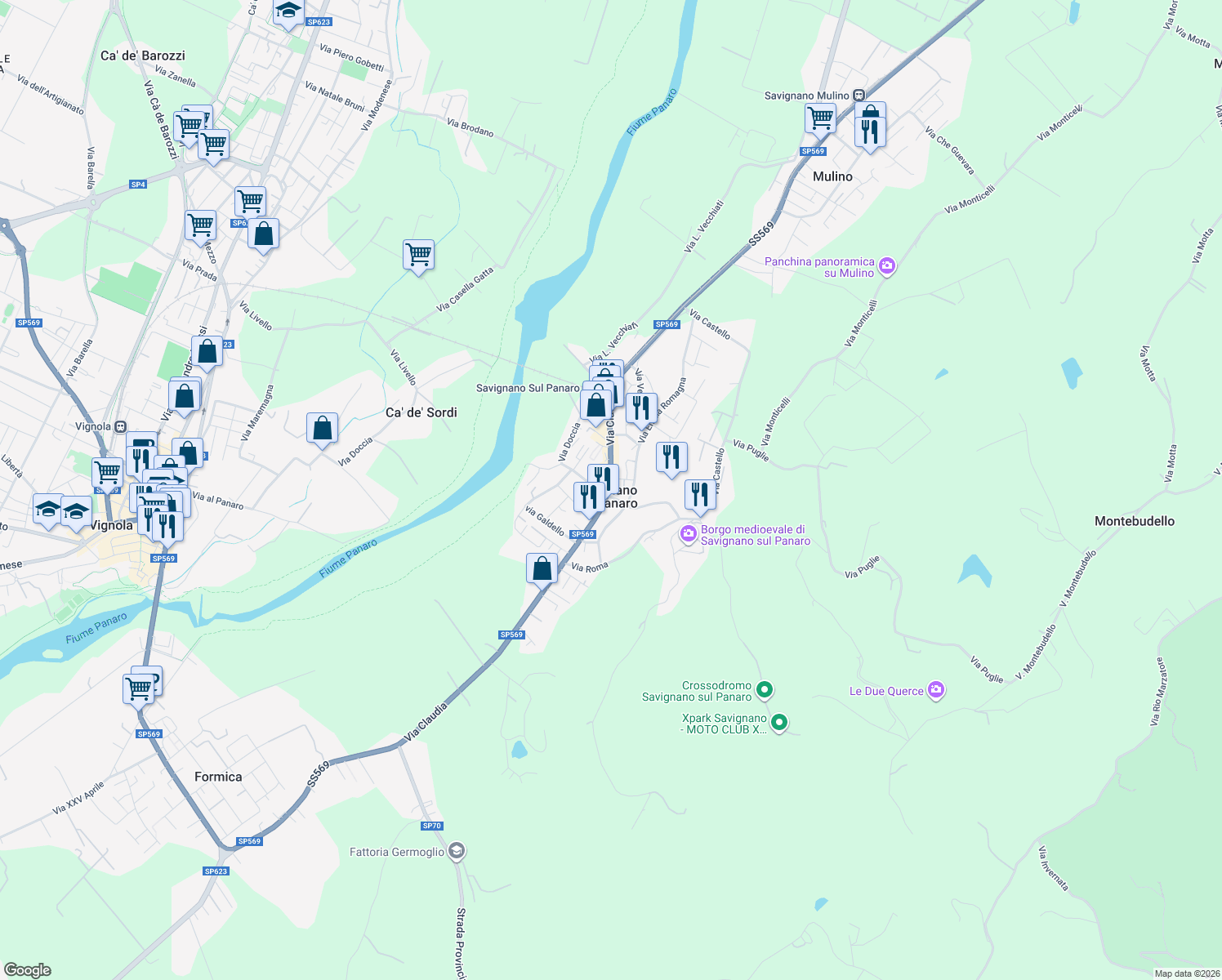 map of restaurants, bars, coffee shops, grocery stores, and more near 3865 Via Claudia in Savignano Sul Panaro