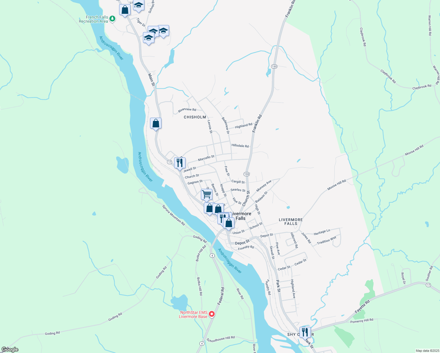 map of restaurants, bars, coffee shops, grocery stores, and more near 63 Knapp Street in Jay