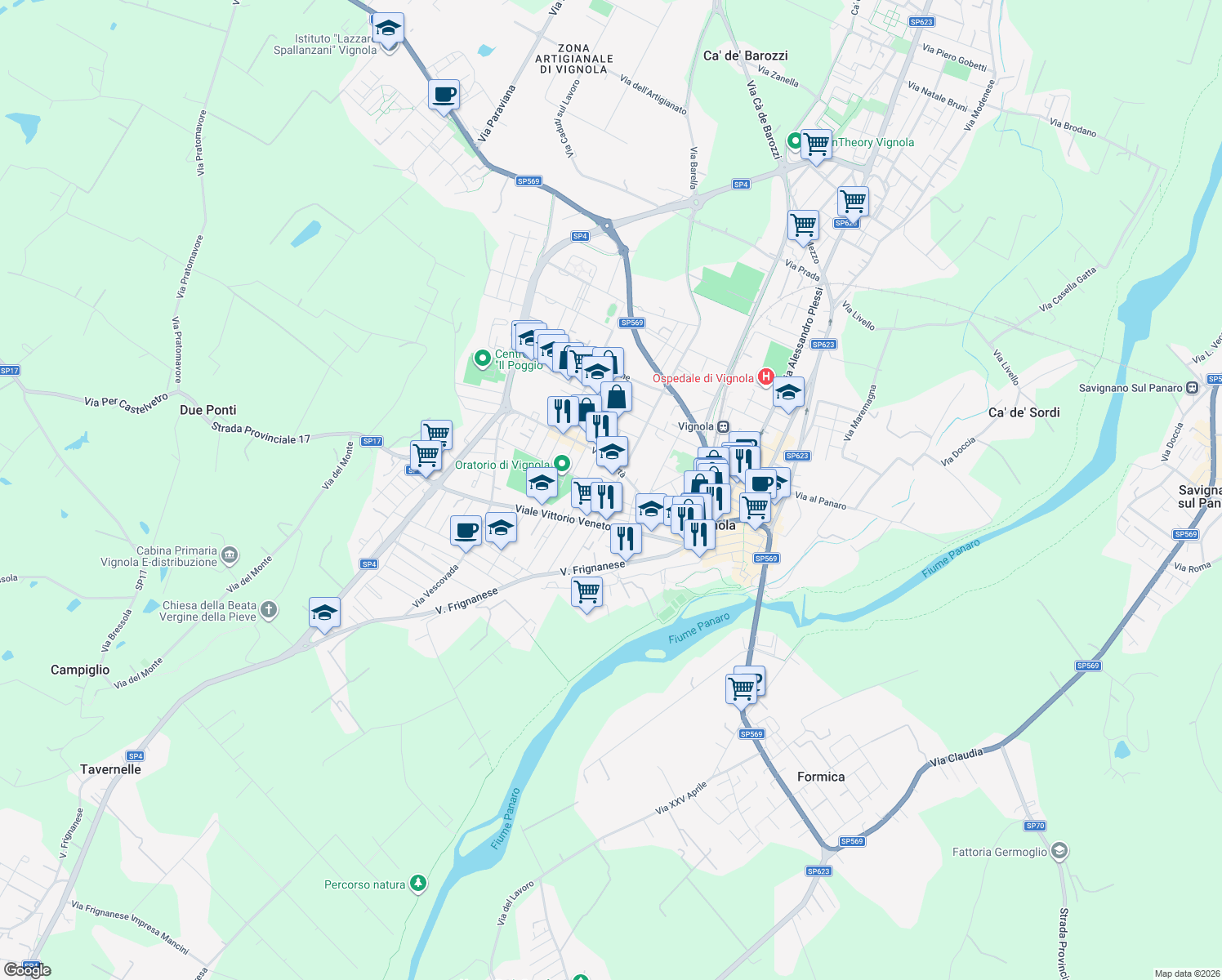 map of restaurants, bars, coffee shops, grocery stores, and more near 447 Via della Pace in Vignola