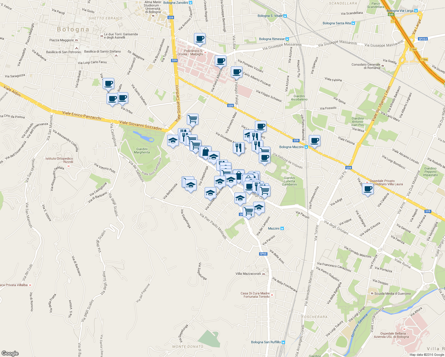 map of restaurants, bars, coffee shops, grocery stores, and more near 103 Via Augusto Murri in Bologna