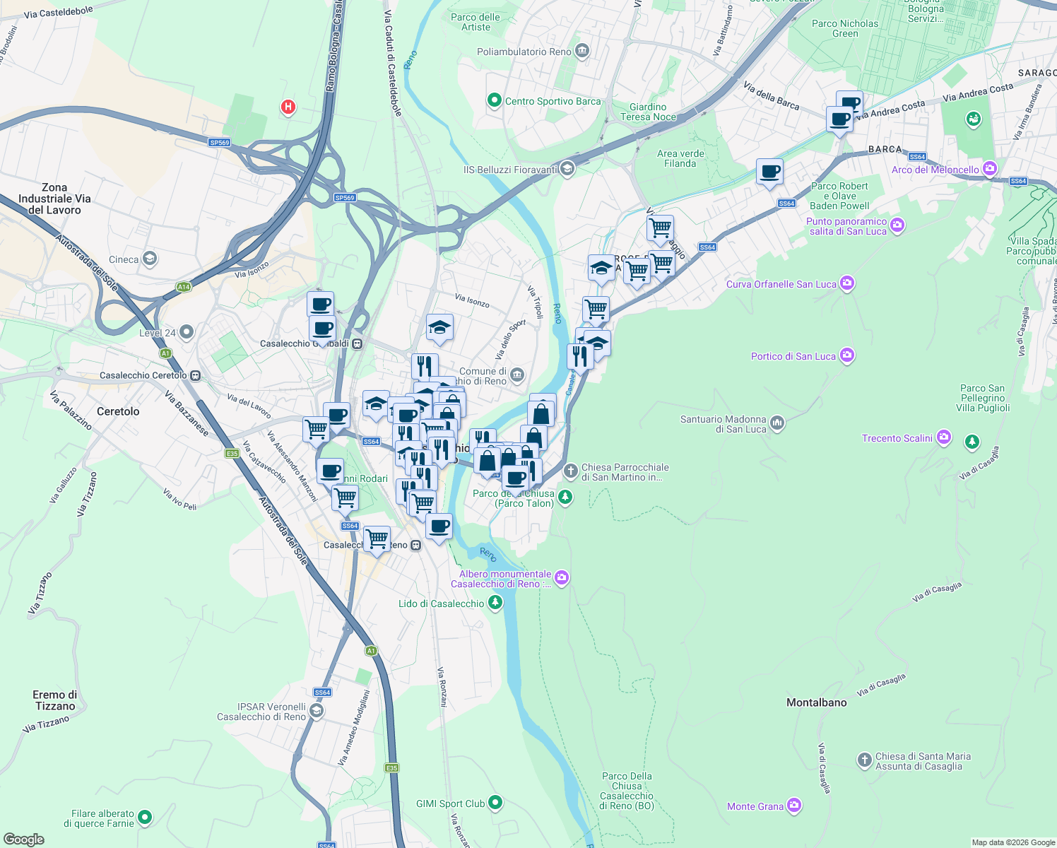 map of restaurants, bars, coffee shops, grocery stores, and more near 8 Via Don Luigi Gnocchi in Casalecchio di Reno