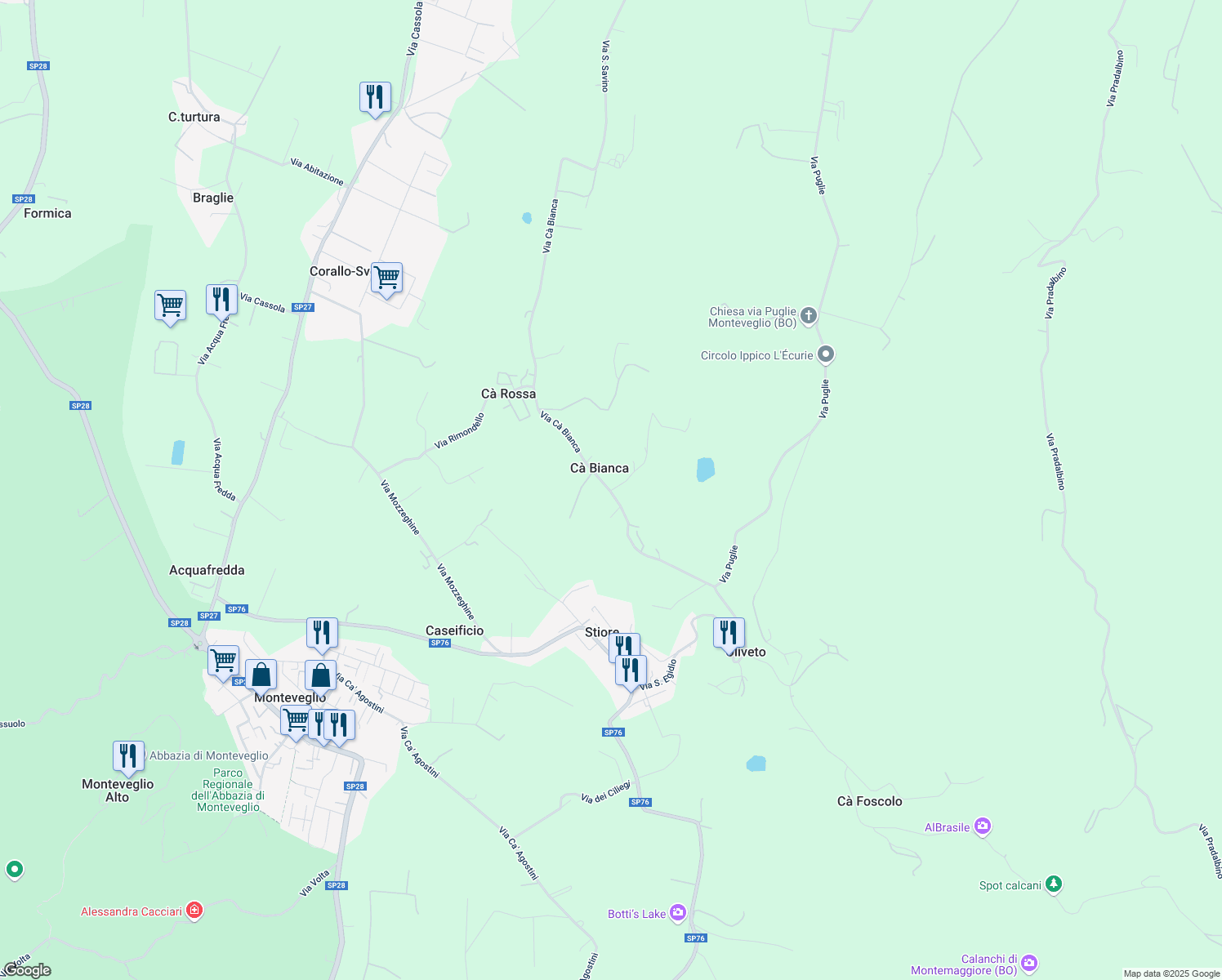 map of restaurants, bars, coffee shops, grocery stores, and more near 38 Via Cà Bianca in Cà Bianca