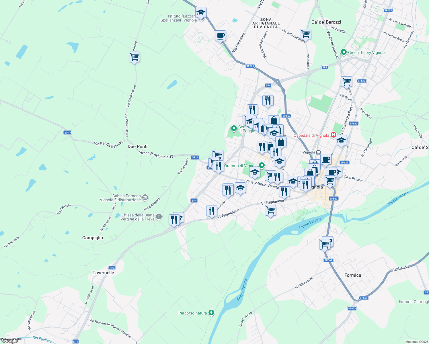 map of restaurants, bars, coffee shops, grocery stores, and more near 1084 Viale Vittorio Veneto in Vignola