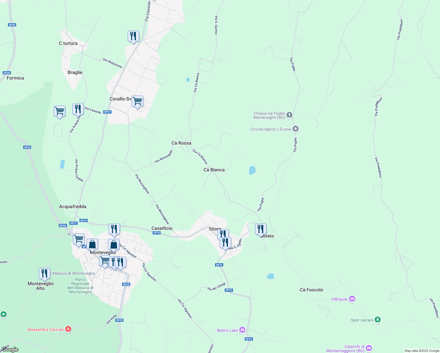 map of restaurants, bars, coffee shops, grocery stores, and more near 38 Via Cà Bianca in Cà Bianca