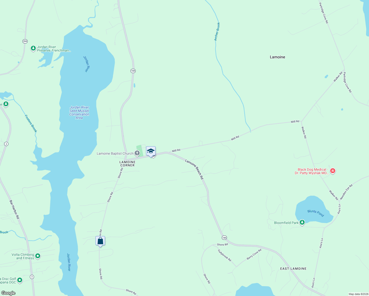 map of restaurants, bars, coffee shops, grocery stores, and more near 30 Mill Road in Lamoine