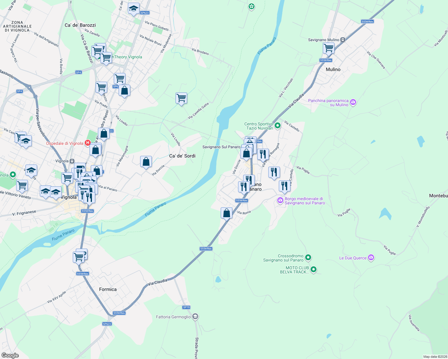 map of restaurants, bars, coffee shops, grocery stores, and more near 233C Via Doccia in Savignano Sul Panaro
