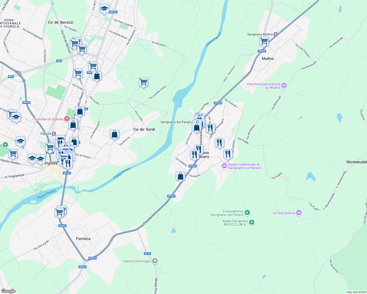 map of restaurants, bars, coffee shops, grocery stores, and more near 233C Via Doccia in Savignano Sul Panaro