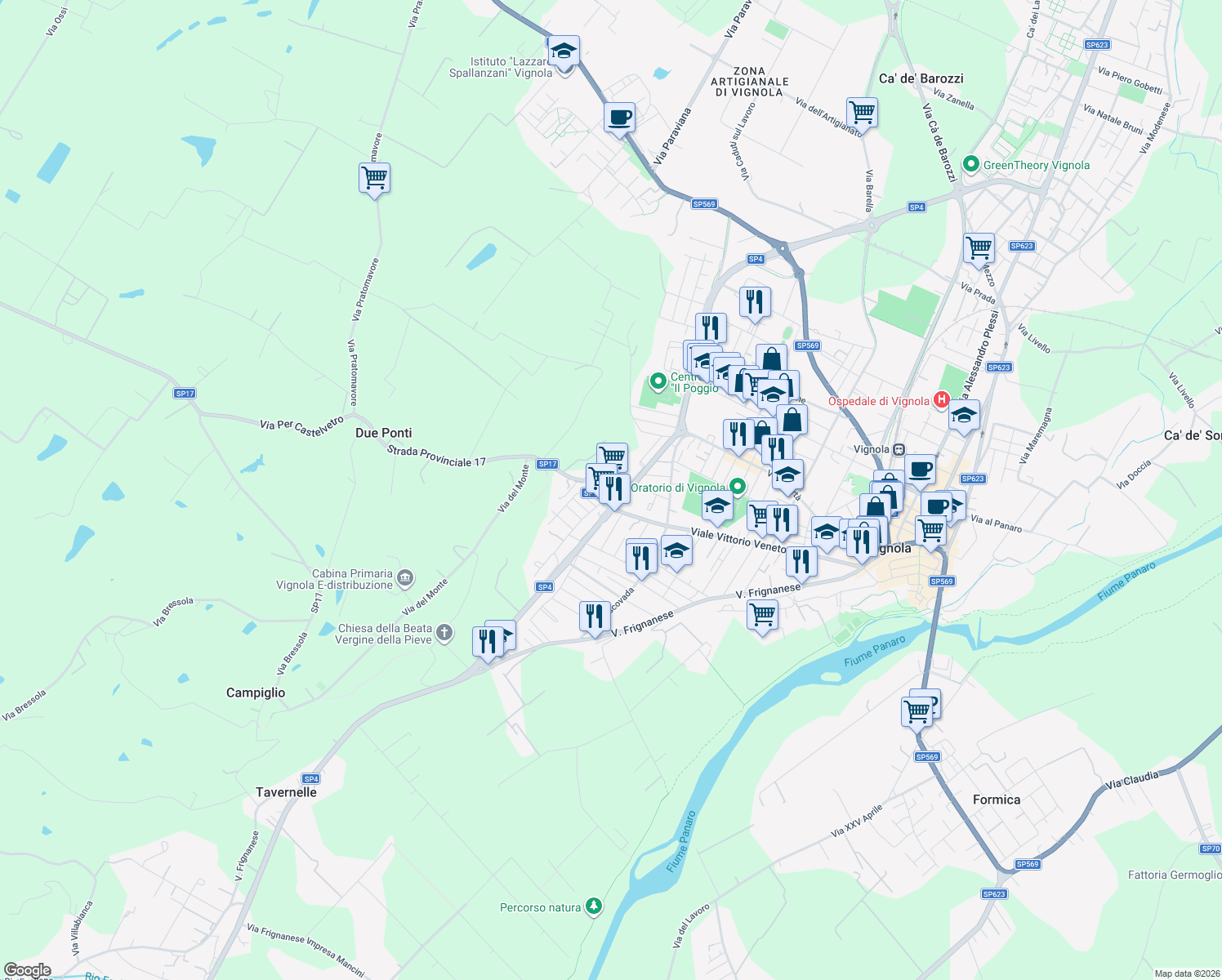 map of restaurants, bars, coffee shops, grocery stores, and more near 1084 Viale Vittorio Veneto in Vignola