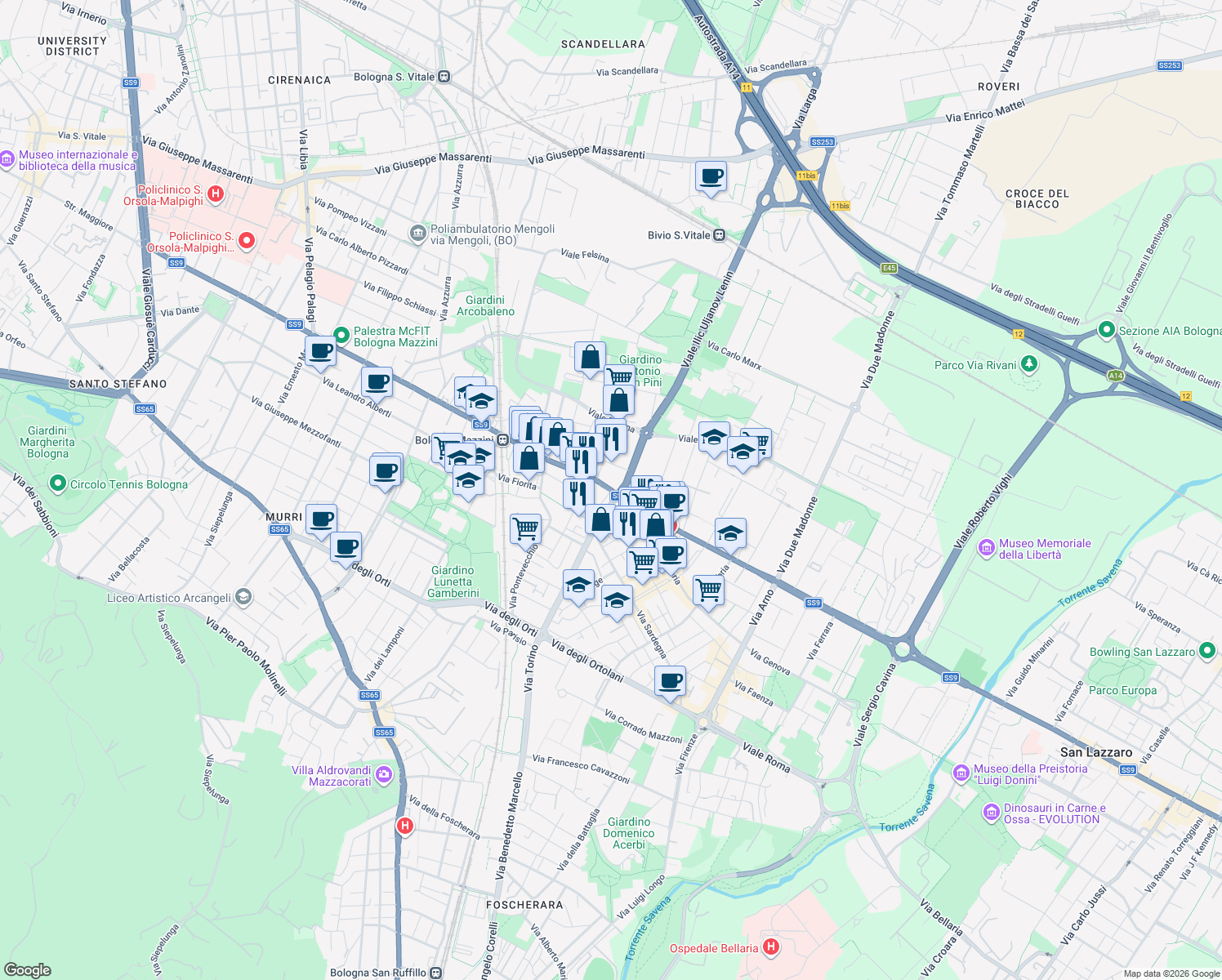 map of restaurants, bars, coffee shops, grocery stores, and more near 89-91 Via Emilia Levante in Bologna