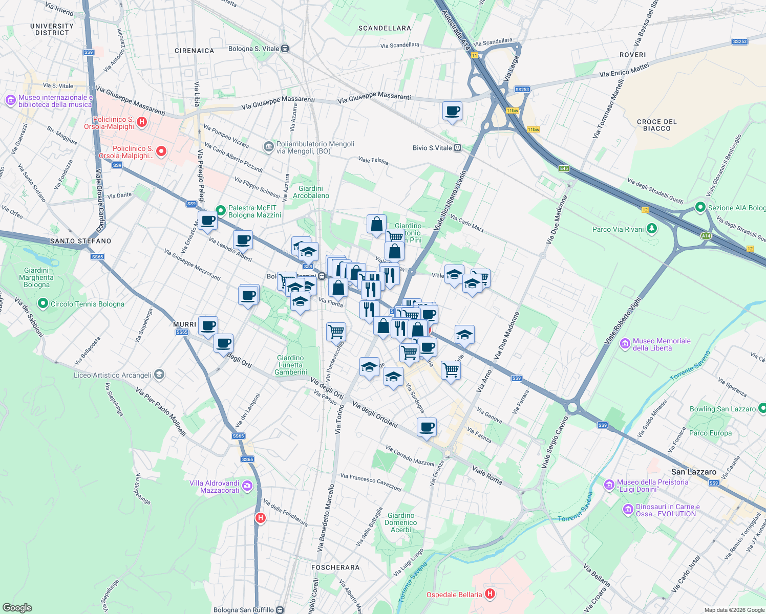 map of restaurants, bars, coffee shops, grocery stores, and more near 91 Via Emilia Levante in Bologna