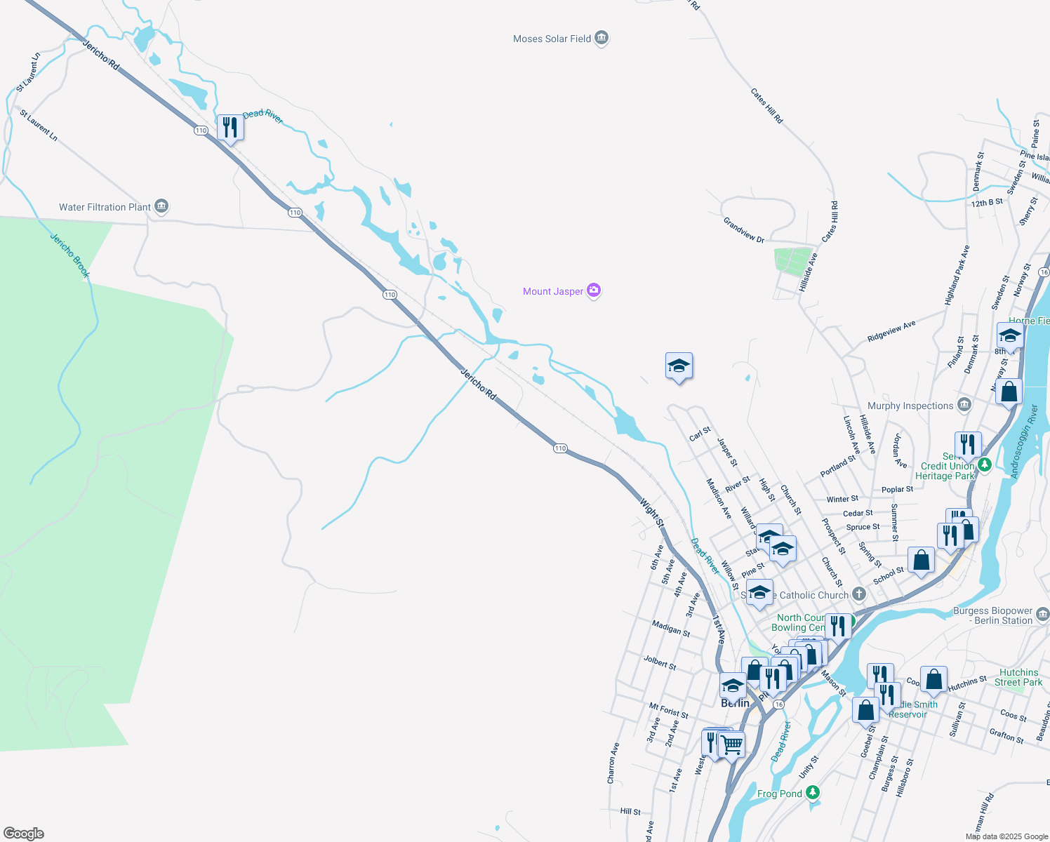 map of restaurants, bars, coffee shops, grocery stores, and more near 74 Jericho Rd in Berlin