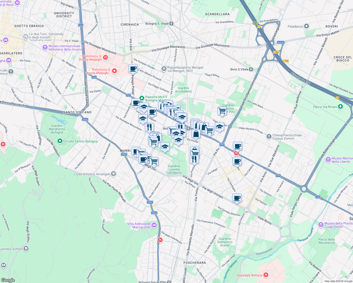 map of restaurants, bars, coffee shops, grocery stores, and more near 26 Via Pellizza da Volpedo in Bologna