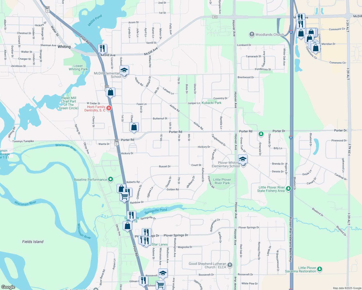 map of restaurants, bars, coffee shops, grocery stores, and more near 1050 7th Street in Plover