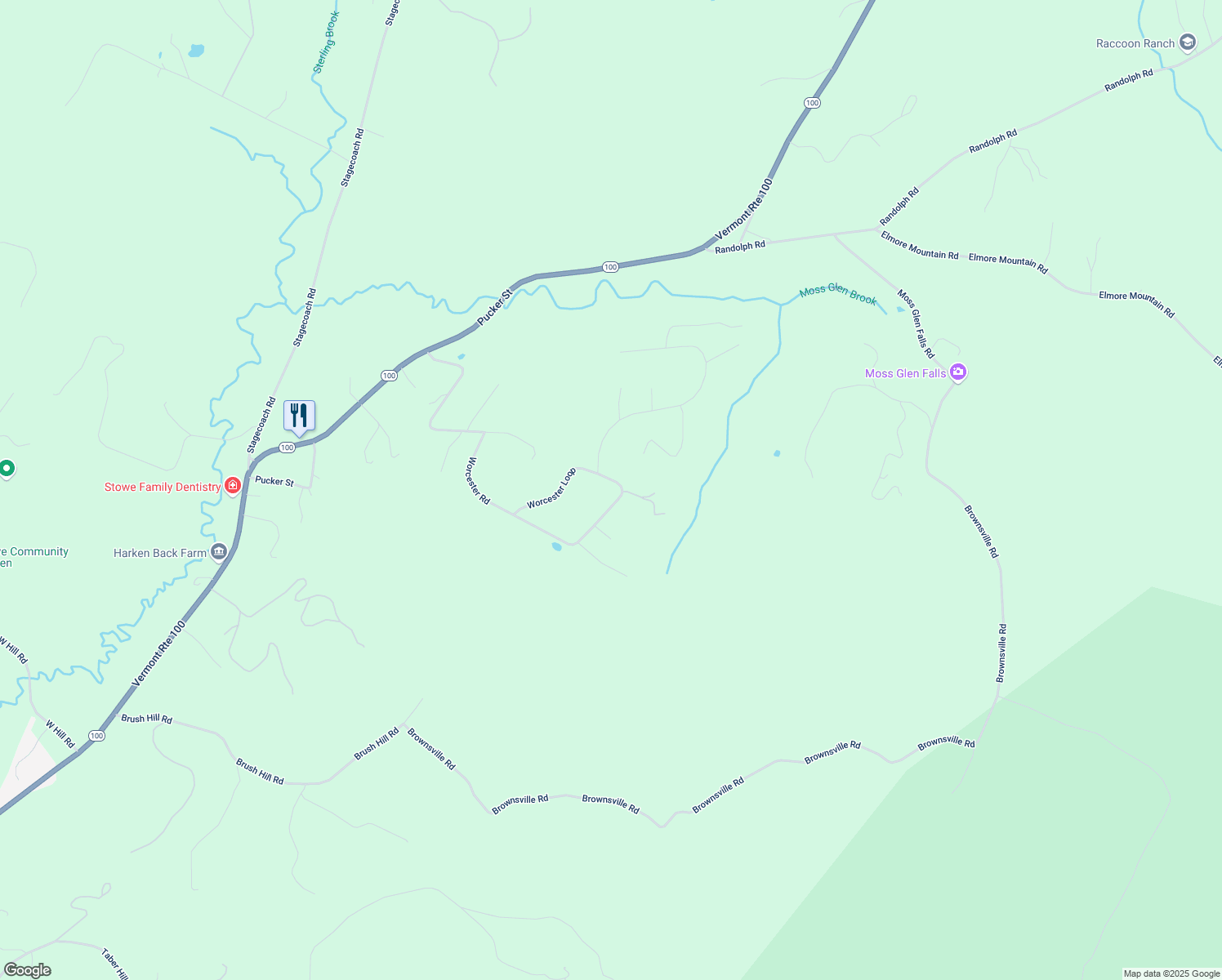 map of restaurants, bars, coffee shops, grocery stores, and more near 611 Worcester Loop in Stowe