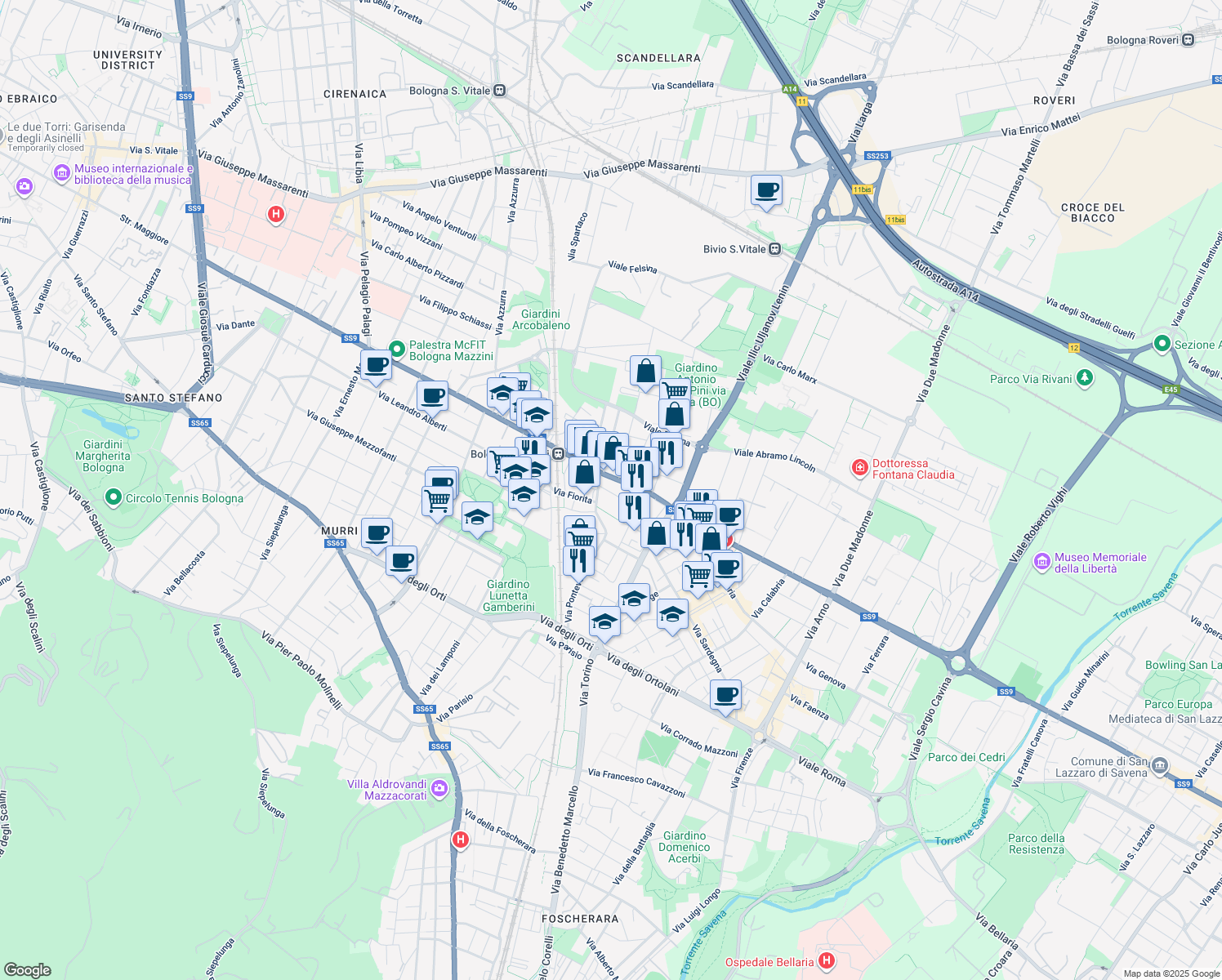 map of restaurants, bars, coffee shops, grocery stores, and more near 13 Via Giovanni Antonio Magini in Bologna