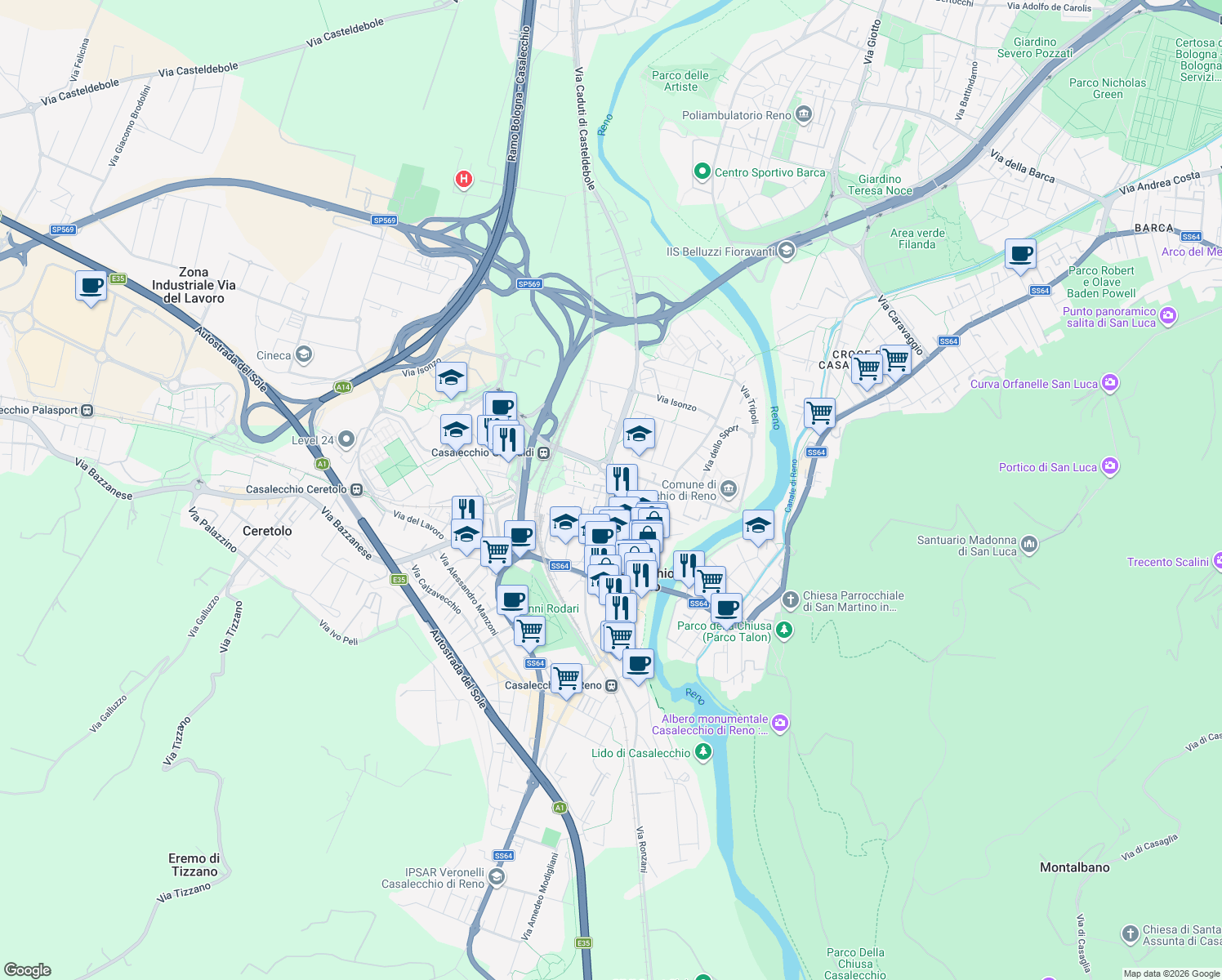 map of restaurants, bars, coffee shops, grocery stores, and more near 1 Via dei Carbonari in Casalecchio di Reno