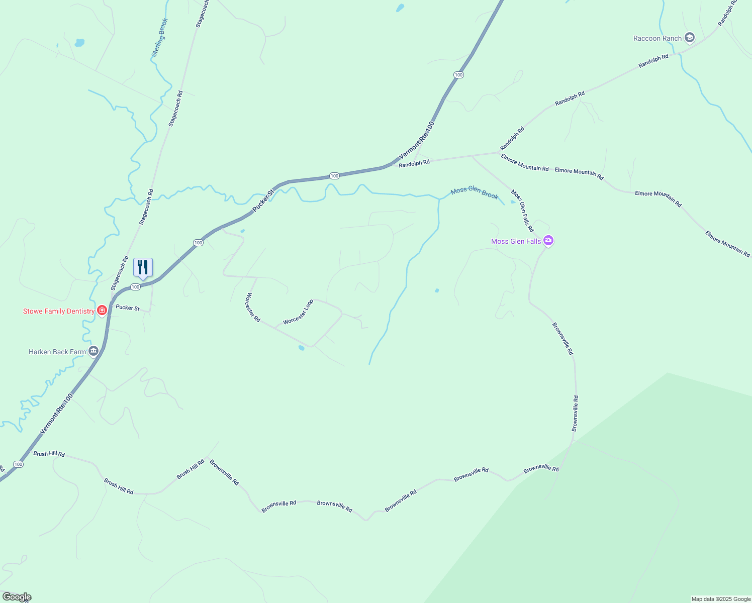 map of restaurants, bars, coffee shops, grocery stores, and more near 115 Forest Lane in Stowe