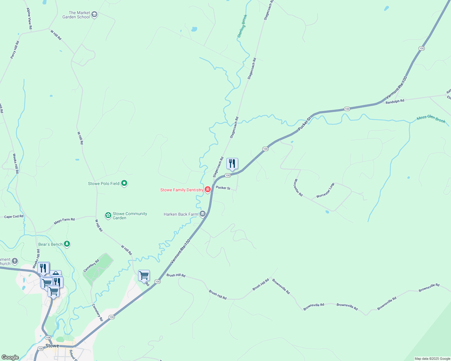 map of restaurants, bars, coffee shops, grocery stores, and more near 1742 Pucker Street in Stowe