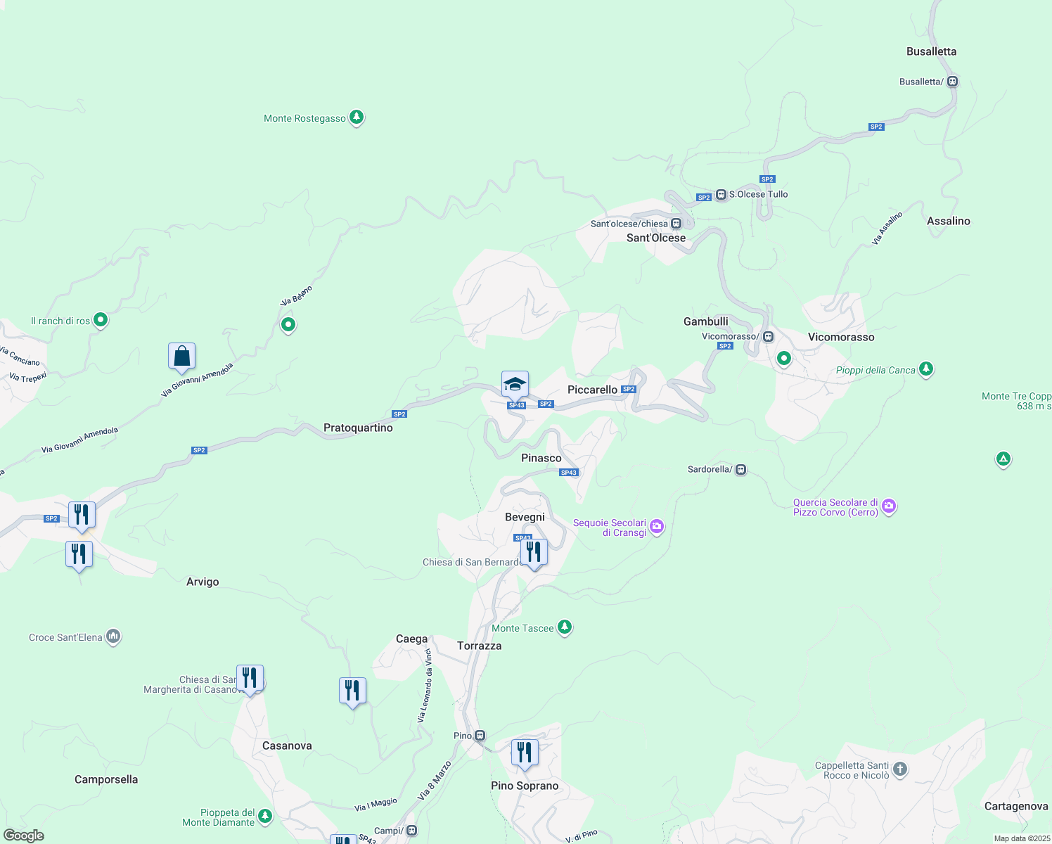map of restaurants, bars, coffee shops, grocery stores, and more near 14 Via XXV Aprile in Piccarello