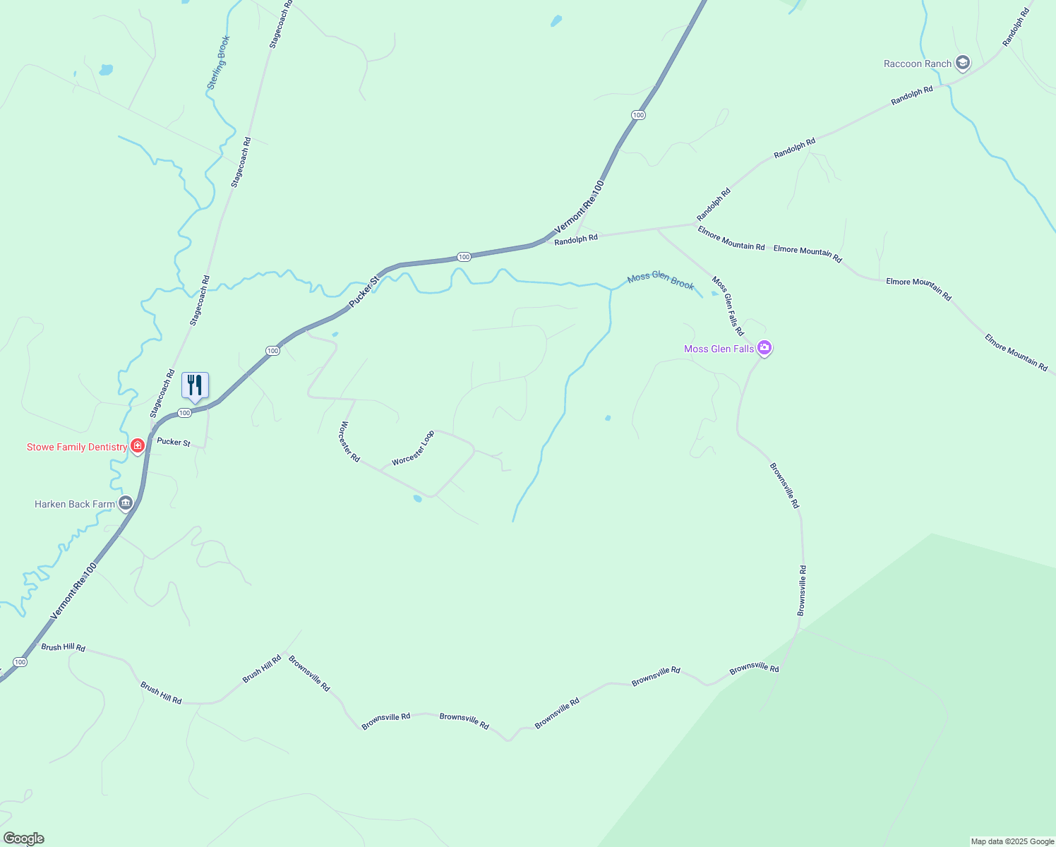 map of restaurants, bars, coffee shops, grocery stores, and more near 115 Forest Lane in Stowe