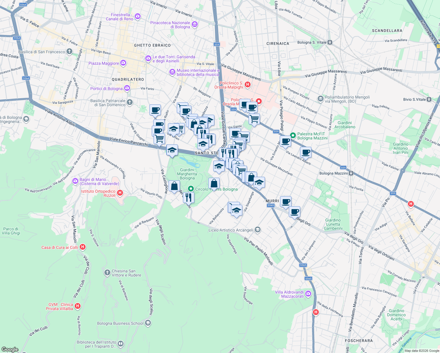 map of restaurants, bars, coffee shops, grocery stores, and more near 3 Via di Frino in Bologna