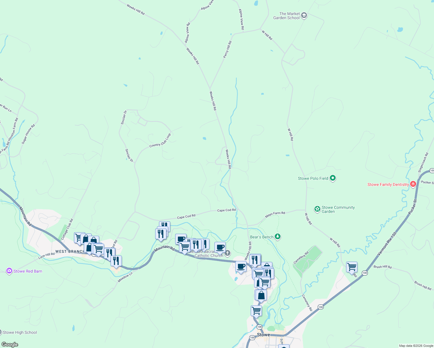 map of restaurants, bars, coffee shops, grocery stores, and more near 59 Alpine Meadows in Stowe