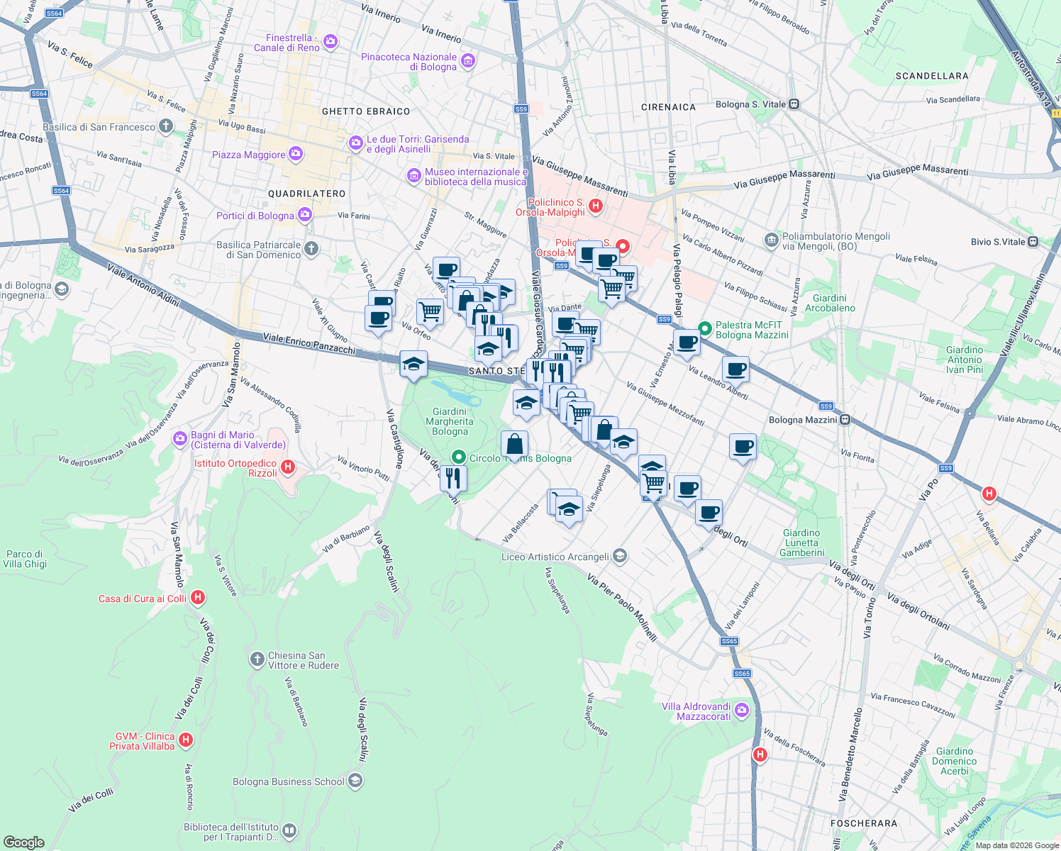 map of restaurants, bars, coffee shops, grocery stores, and more near 3 Via di Frino in Bologna