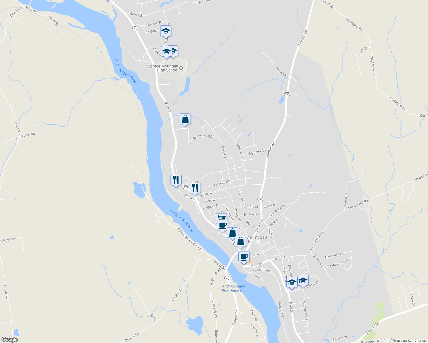 map of restaurants, bars, coffee shops, grocery stores, and more near 24 Elm Street in Jay