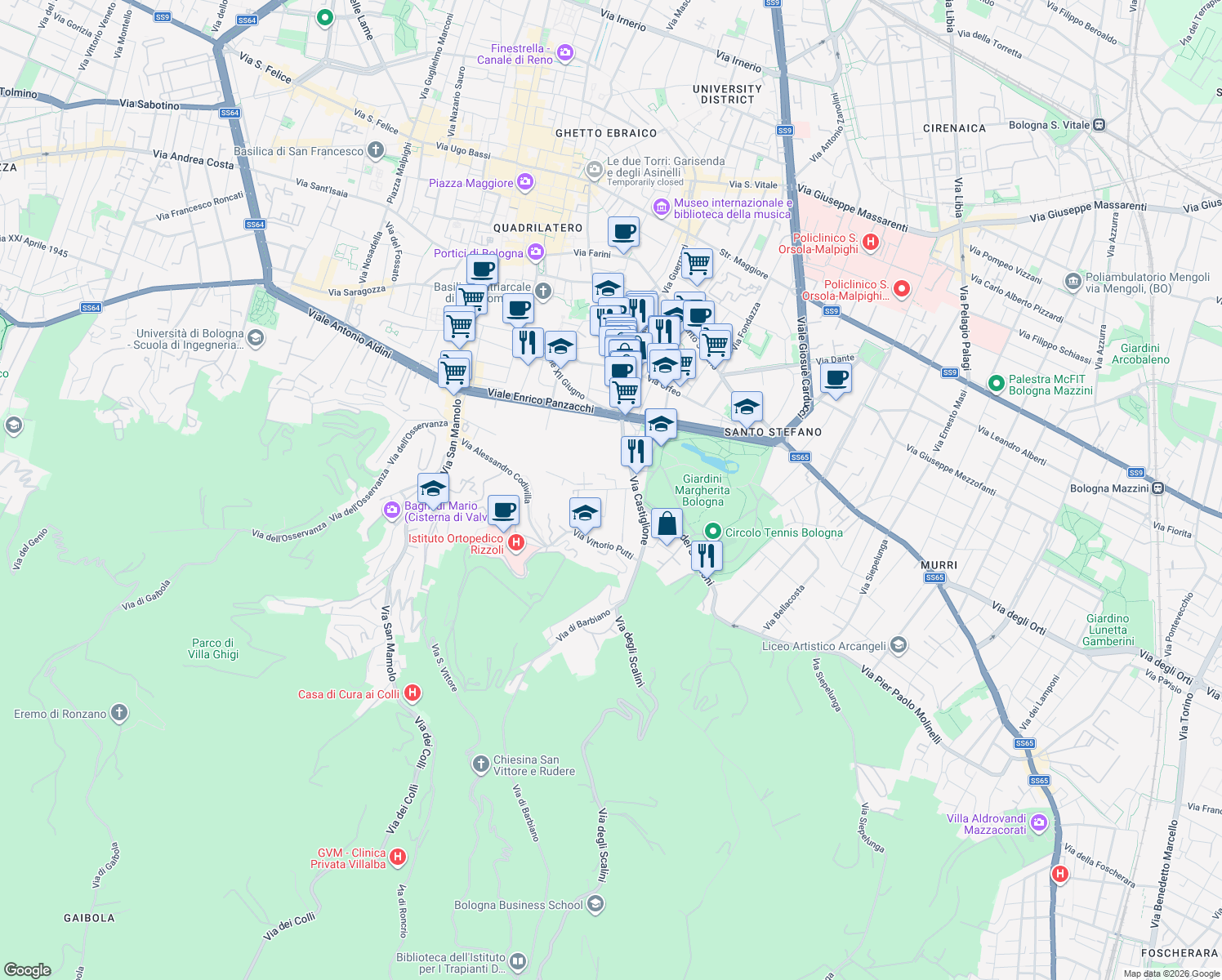 map of restaurants, bars, coffee shops, grocery stores, and more near 30 Via delle Rose in Bologna