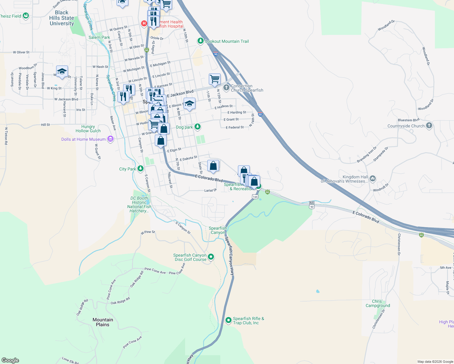 map of restaurants, bars, coffee shops, grocery stores, and more near 501 U.S. 14 Alternate in Spearfish
