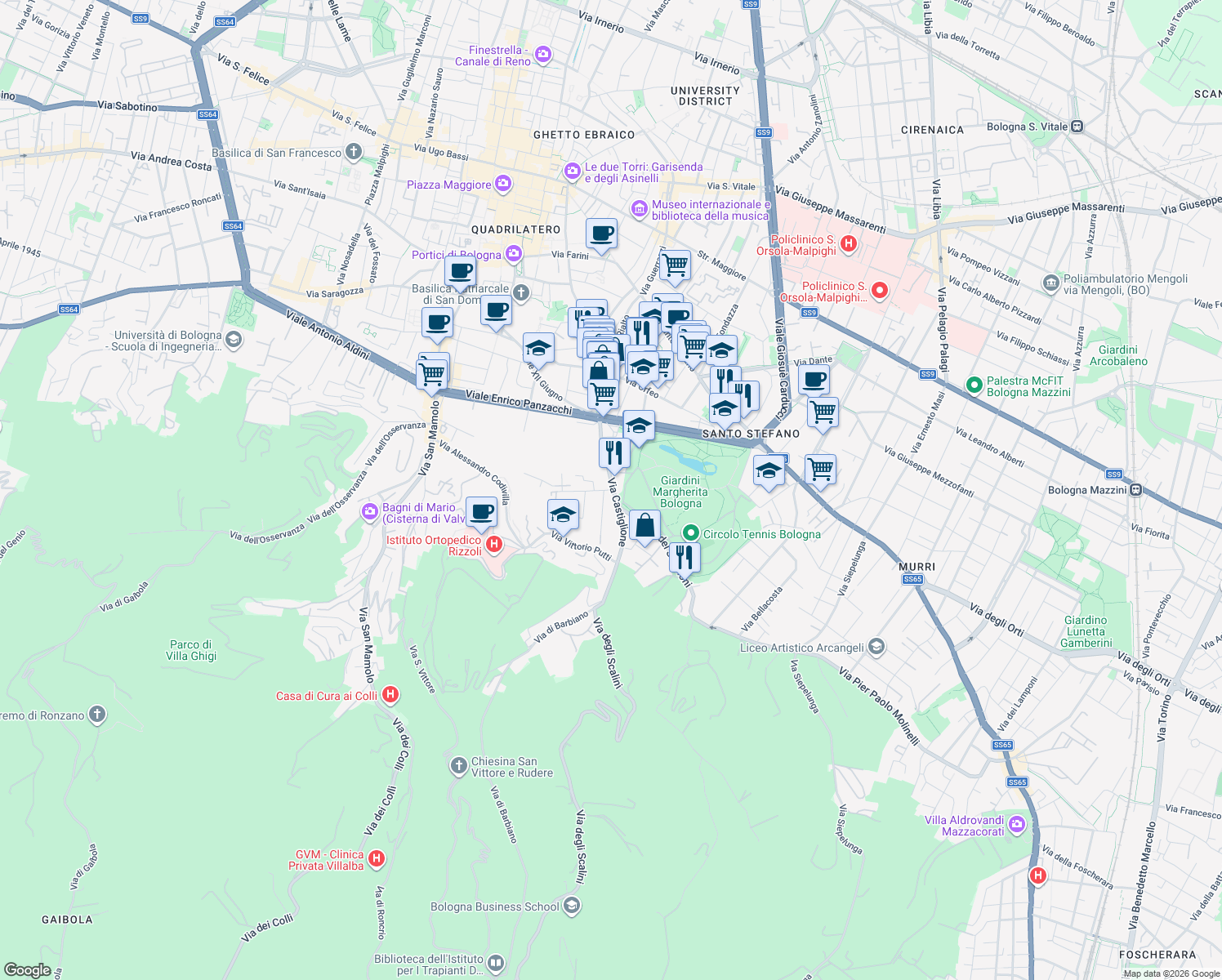 map of restaurants, bars, coffee shops, grocery stores, and more near 105-107 Via Castiglione in Bologna