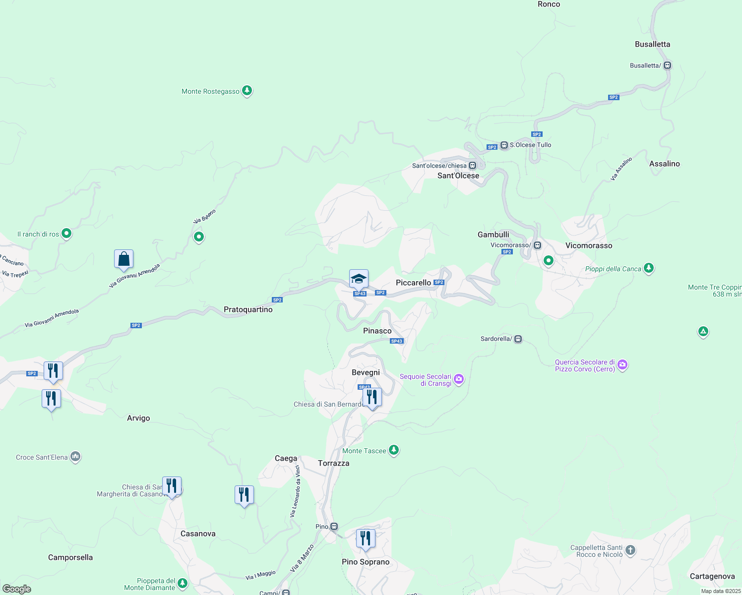 map of restaurants, bars, coffee shops, grocery stores, and more near 14 Via XXV Aprile in Piccarello