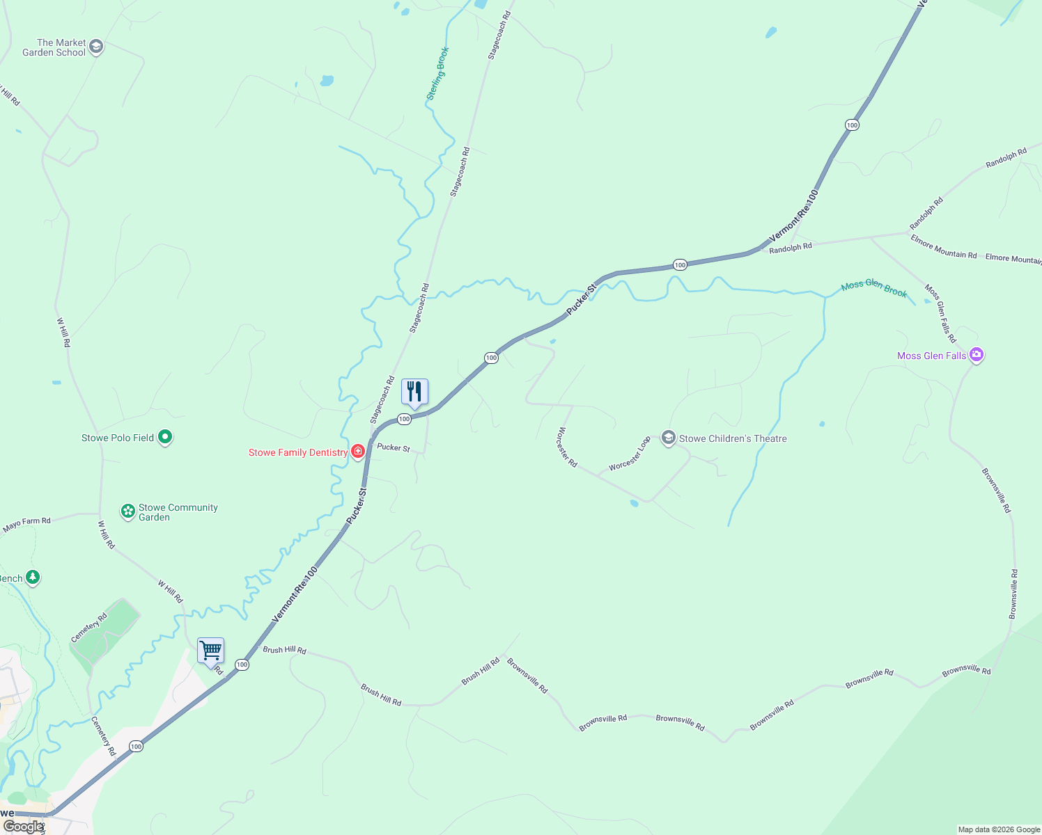 map of restaurants, bars, coffee shops, grocery stores, and more near 258 Mansfield View Rd in Stowe