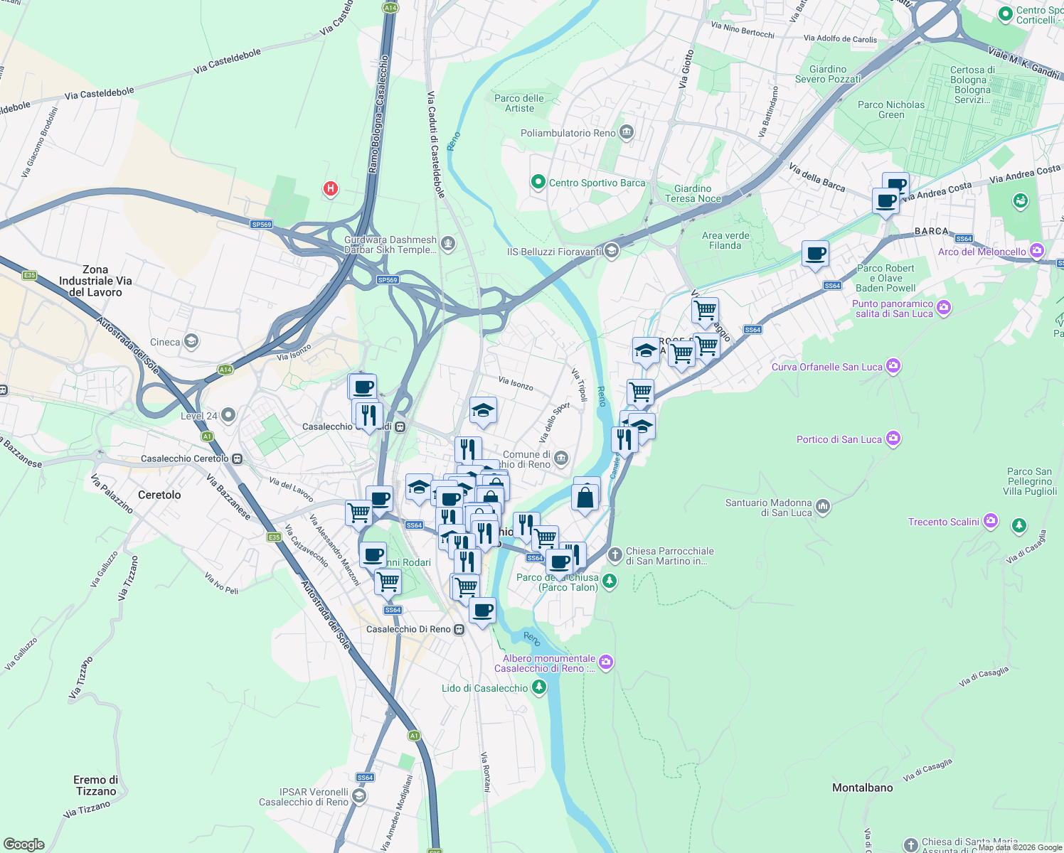 map of restaurants, bars, coffee shops, grocery stores, and more near 68 Via Giuseppe Garibaldi in Casalecchio di Reno