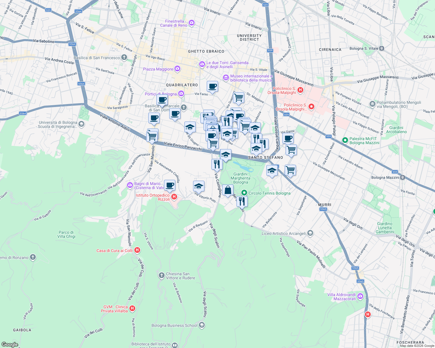 map of restaurants, bars, coffee shops, grocery stores, and more near 107 Via Castiglione in Bologna