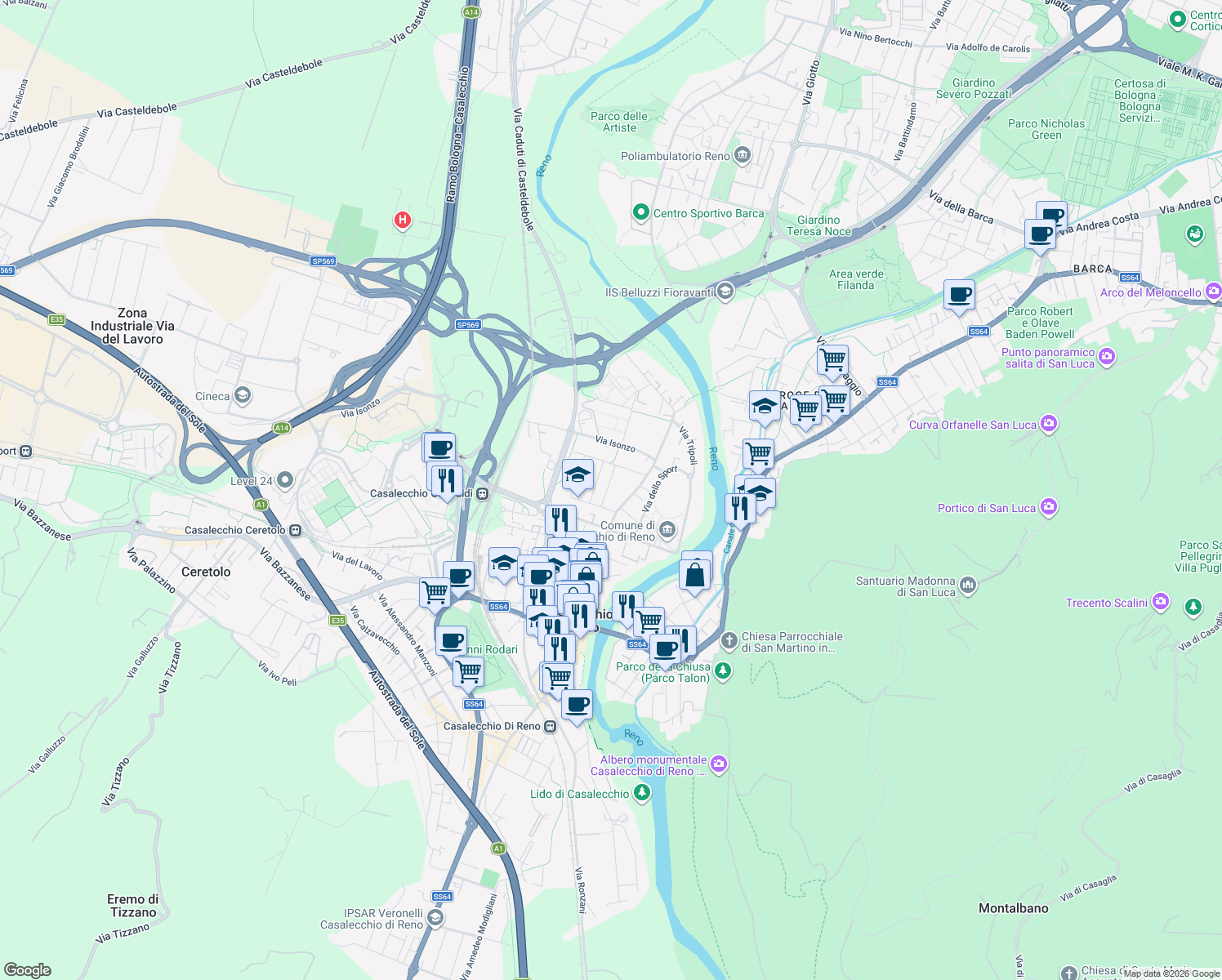 map of restaurants, bars, coffee shops, grocery stores, and more near 68 Via G. Garibaldi in Casalecchio di Reno