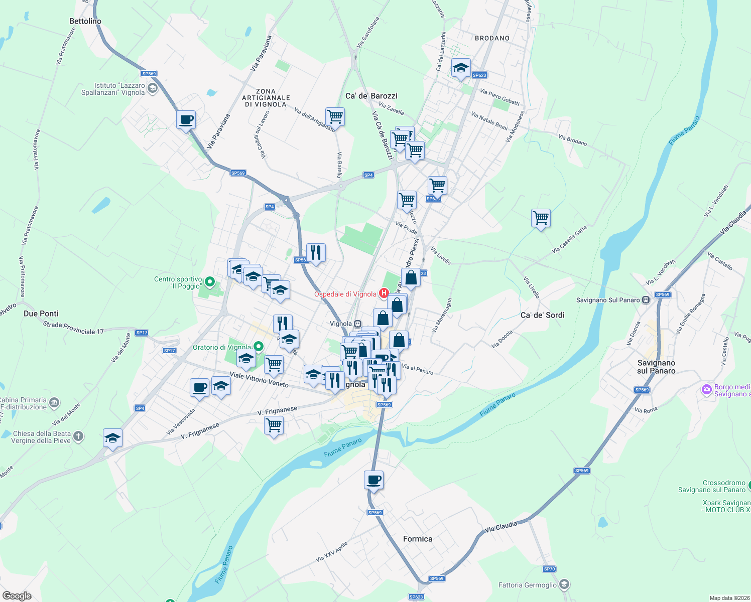 map of restaurants, bars, coffee shops, grocery stores, and more near Via Papa Giovanni Paolo II in Vignola