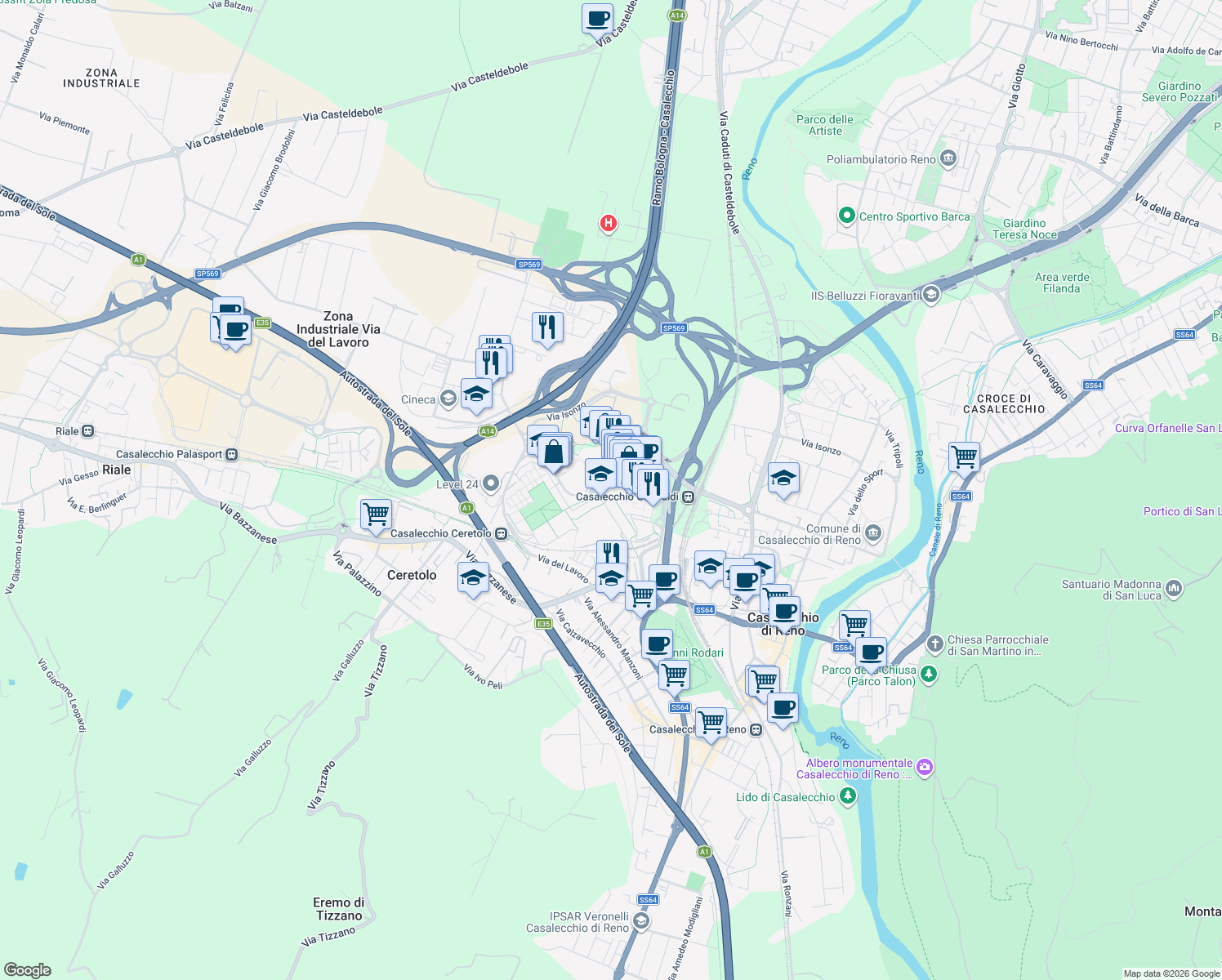 map of restaurants, bars, coffee shops, grocery stores, and more near 13 Via Aldo Moro in Casalecchio di Reno