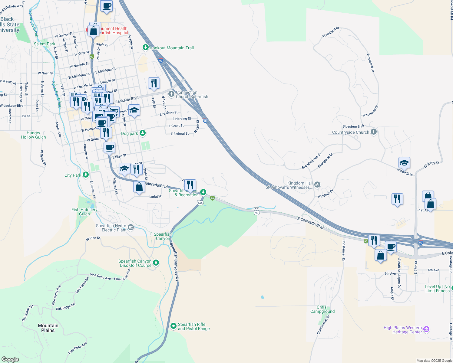 map of restaurants, bars, coffee shops, grocery stores, and more near 270 Fairway Drive in Spearfish