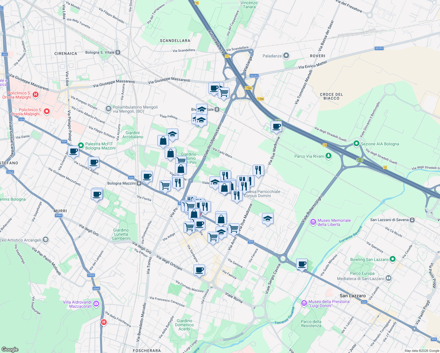 map of restaurants, bars, coffee shops, grocery stores, and more near 4 Via Pablo Neruda in Bologna