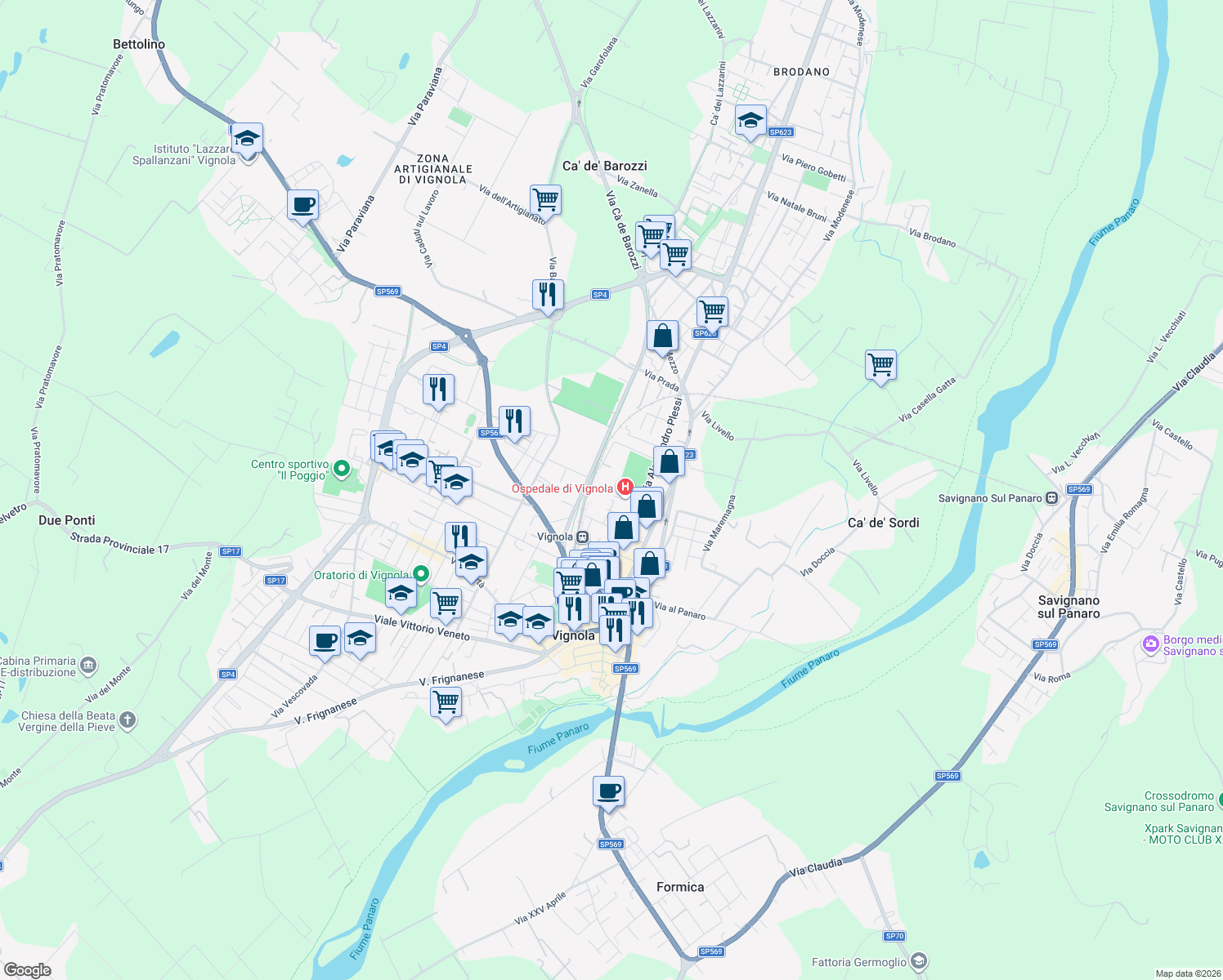 map of restaurants, bars, coffee shops, grocery stores, and more near Via Papa Giovanni Paolo II in Vignola