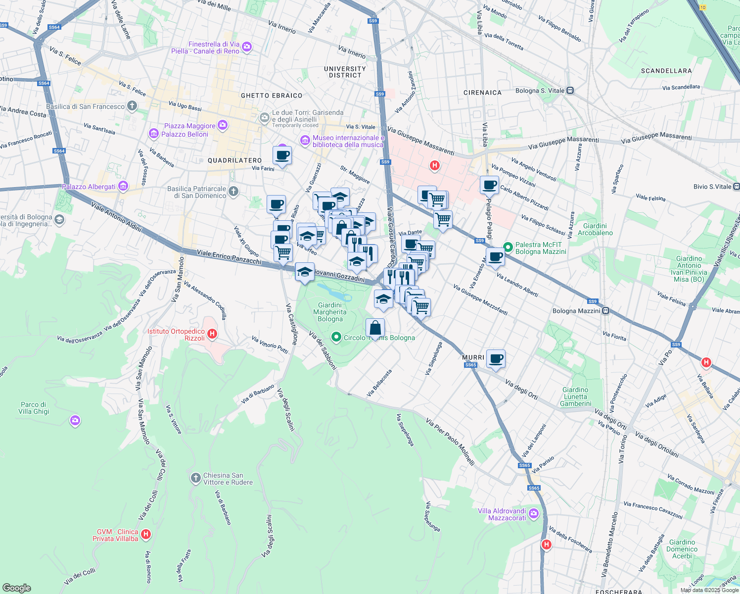 map of restaurants, bars, coffee shops, grocery stores, and more near 4 Via Santa Chiara in Bologna