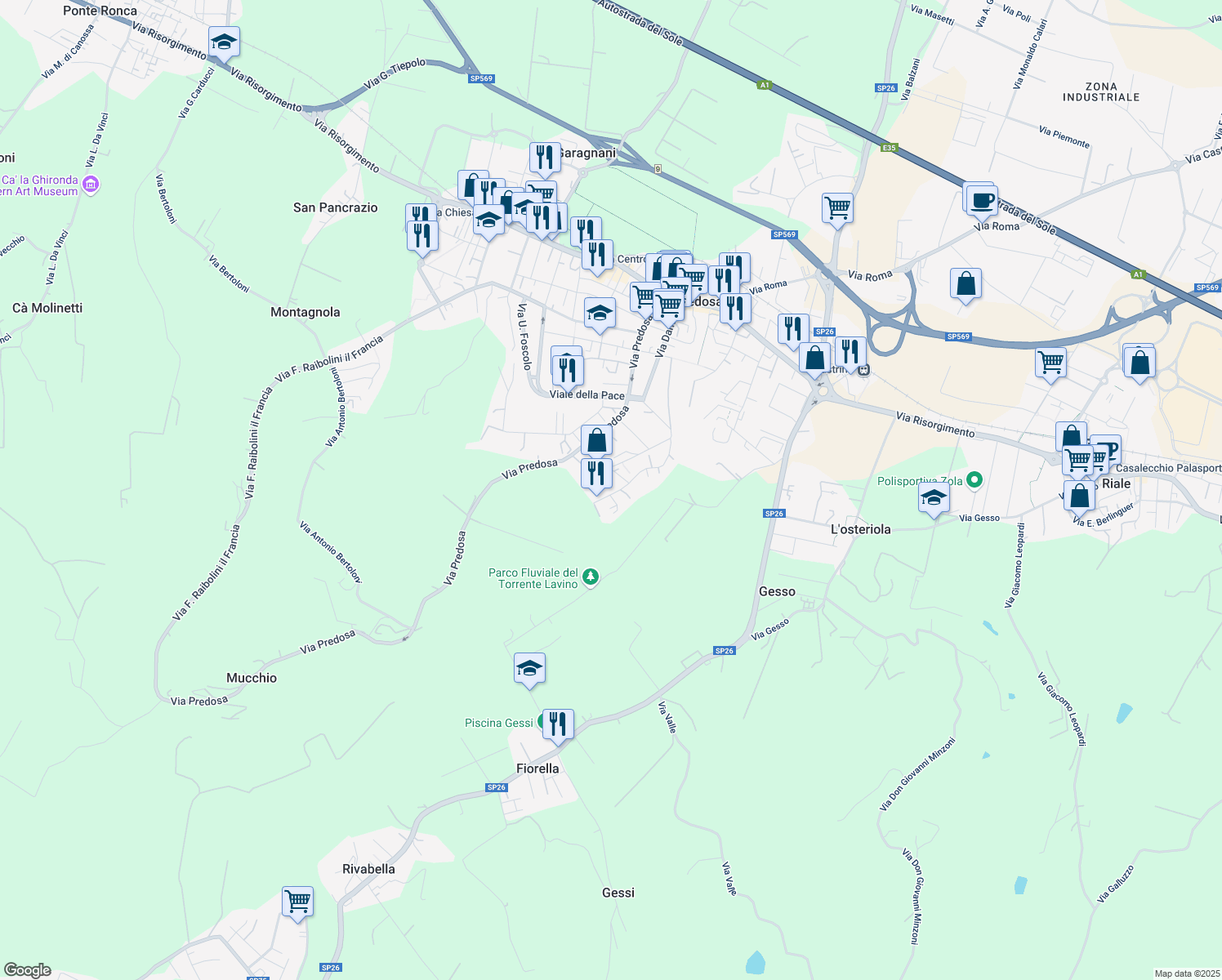 map of restaurants, bars, coffee shops, grocery stores, and more near 16 Via Serena in Zola Predosa
