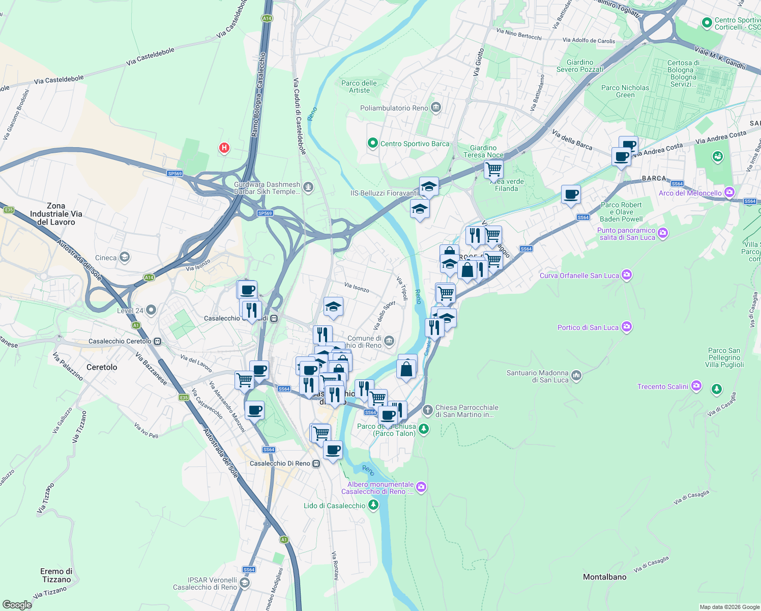 map of restaurants, bars, coffee shops, grocery stores, and more near 80 Via Giuseppe Garibaldi in Casalecchio di Reno